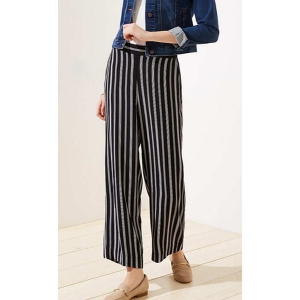 LOFT Black and White Vertical Stripe Wide-Leg Pants
